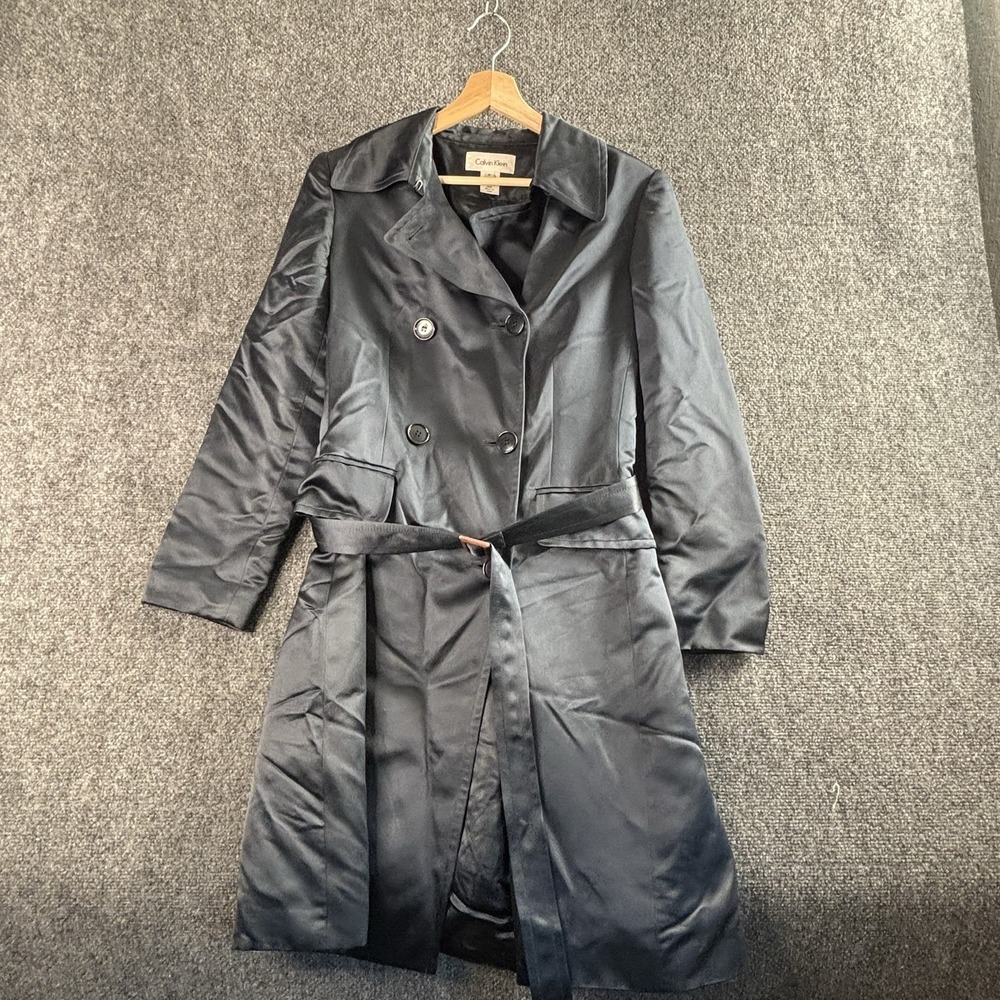 Calvin Klein Collection Navy Blue Silk Trench Coat Sz M Classic Quiet Luxury